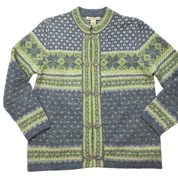 Vintage Carroll Reed Green Gray Wool Frog Clasp Fair Isle Cardigan Sz Small - Picture 2 of 8
